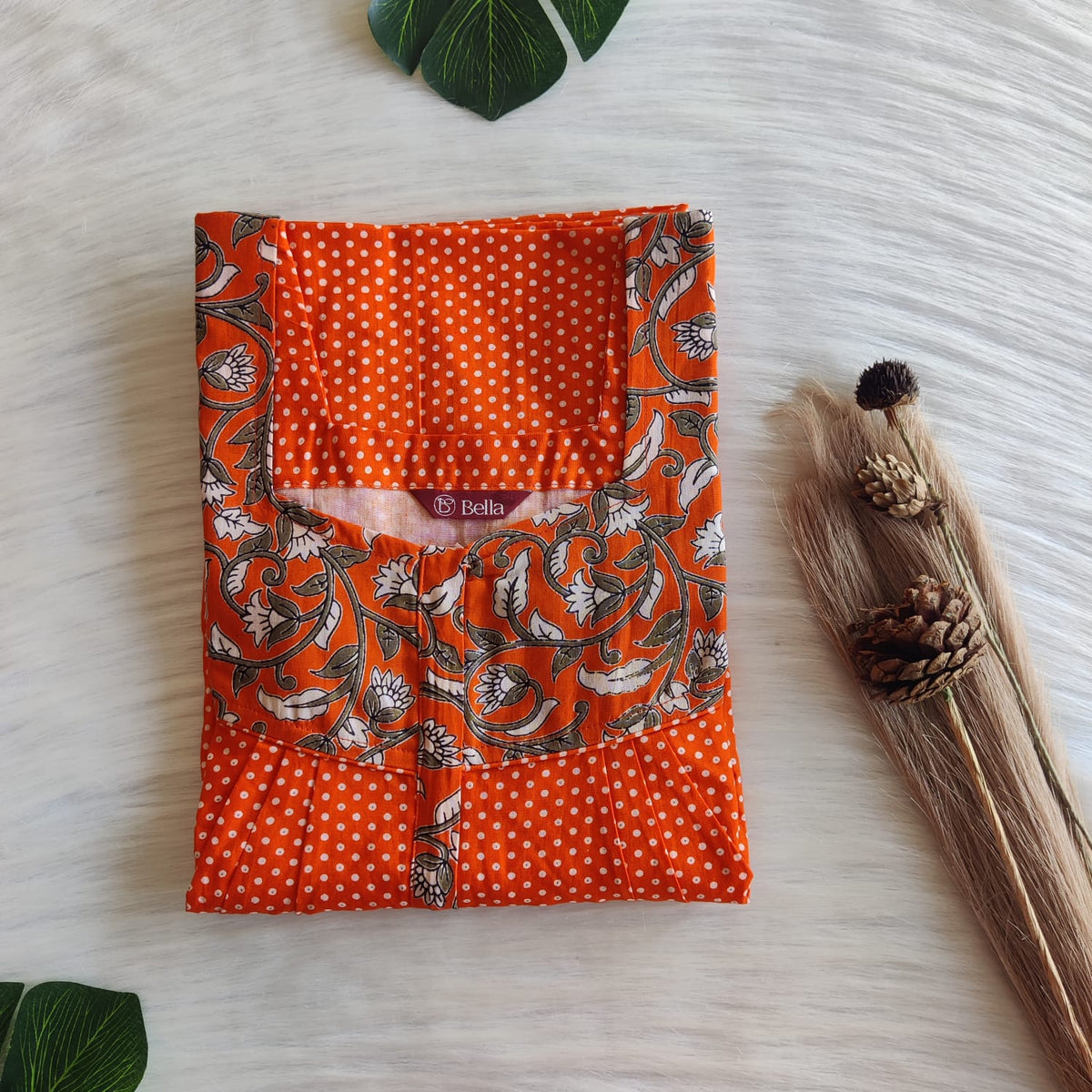 Green And Orange Dot Printed Premium Cotton Square Neck Pleated Nighty | Free Size | Chest Width 44″| Length 55″-56″