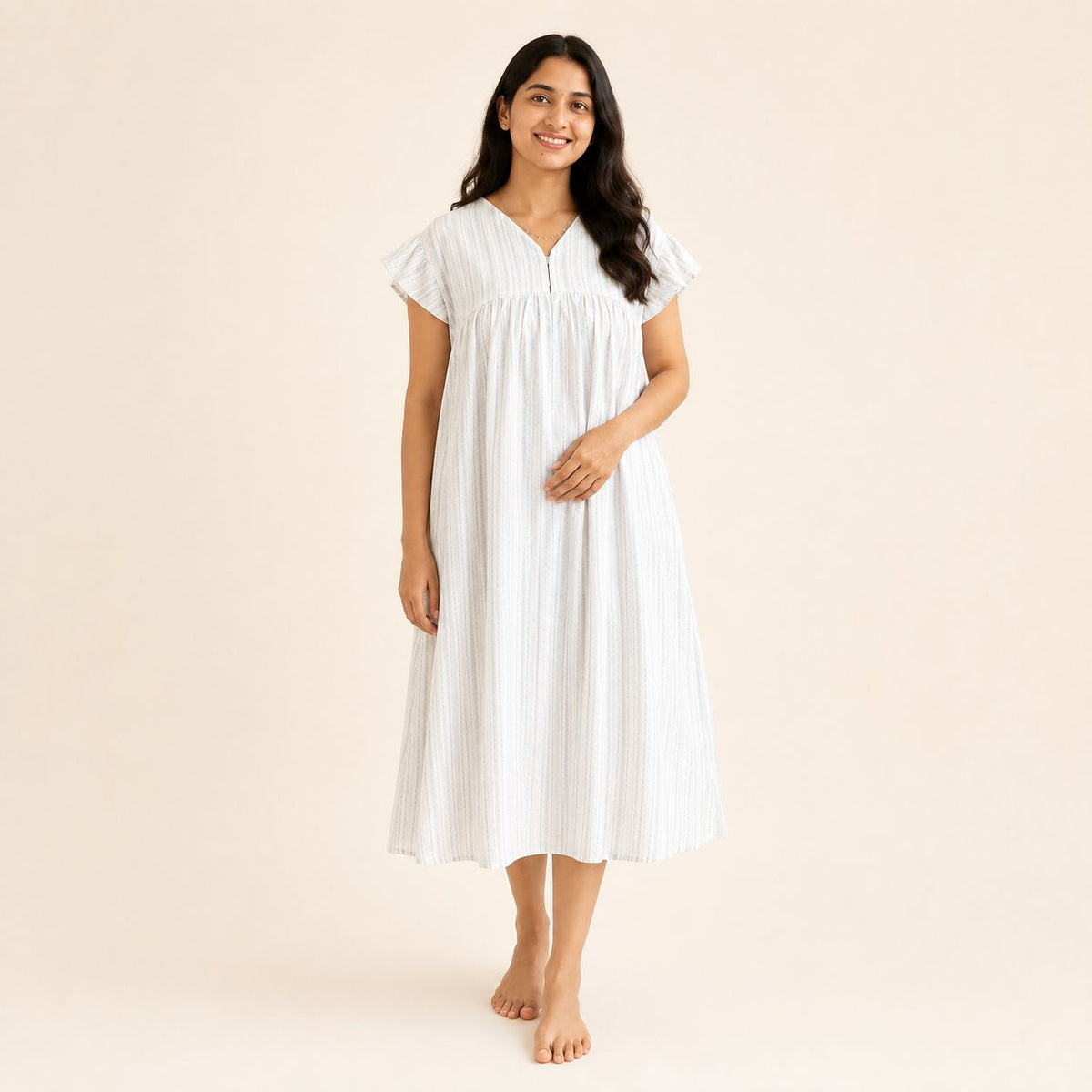 Pale Grey Stripes Printed V- Neck Ruffle Sleeve Maternity Feeding Dress with Centre Long Invisible Zip | Free Size | 44" length