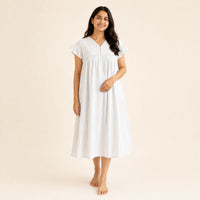 Pale Grey Stripes Printed V- Neck Ruffle Sleeve Maternity Feeding Dress with Centre Long Invisible Zip | Free Size | 44" length