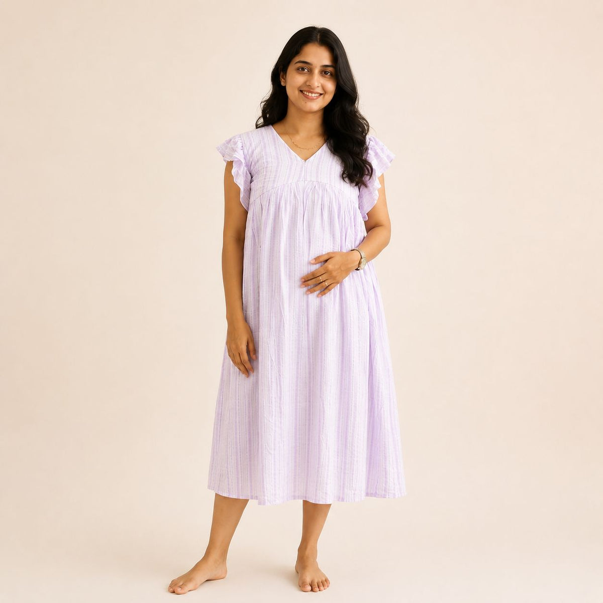 Lavender Stripes Printed V- Neck Ruffle Sleeve Maternity Feeding Dress with Centre Long Invisible Zip | Free Size | 44" length