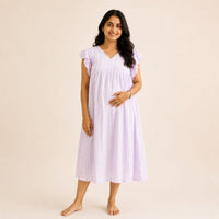 Lavender Stripes Printed V- Neck Ruffle Sleeve Maternity Feeding Dress with Centre Long Invisible Zip | Free Size | 44" length