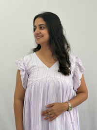 Lavender Stripes Printed V- Neck Ruffle Sleeve Maternity Feeding Dress with Centre Long Invisible Zip | Free Size | 44" length