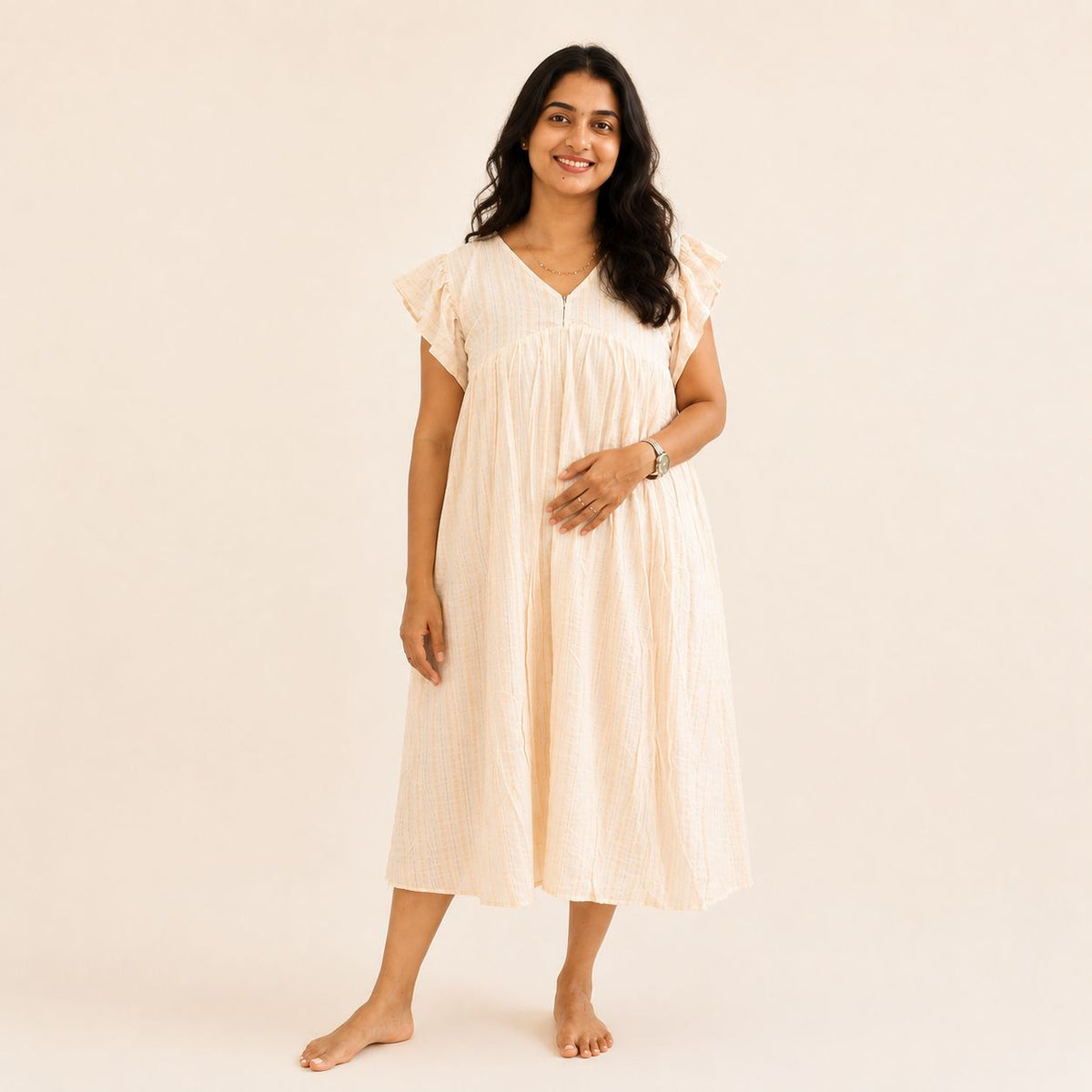Pale Orange Stripes Printed V- Neck Ruffle Sleeve Maternity Feeding Dress with Centre Long Invisible Zip | Free Size | 44" length