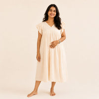 Pale Orange Stripes Printed V- Neck Ruffle Sleeve Maternity Feeding Dress with Centre Long Invisible Zip | Free Size | 44" length