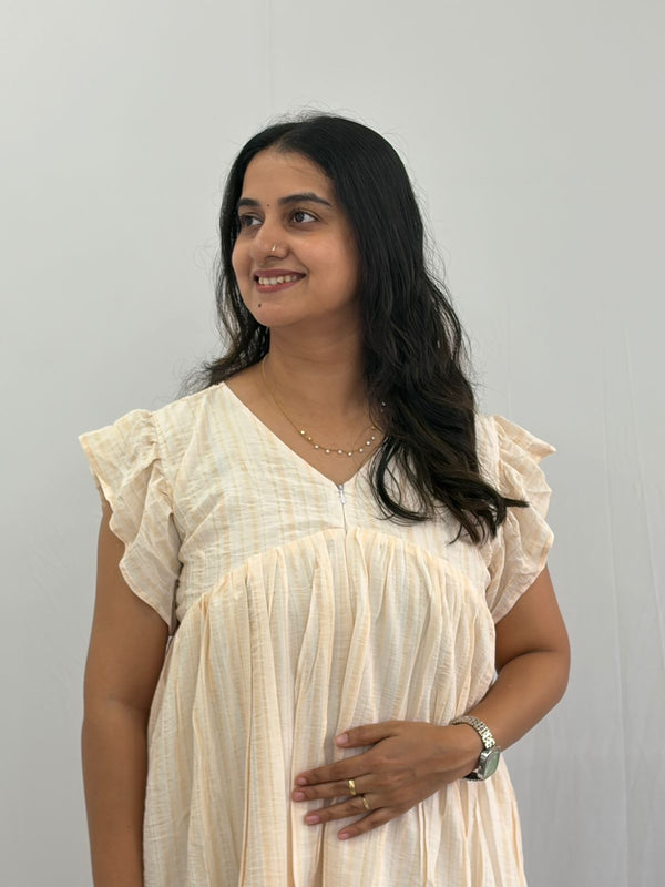Pale Orange Stripes Printed V- Neck Ruffle Sleeve Maternity Feeding Dress with Centre Long Invisible Zip | Free Size | 44" length