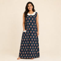Teal Blue Floral Printed Pure Cotton Peter Pan Collar Sleeveless Long Zip Feeding Nighty | Free Size | Chest Width 44″| Length 56″