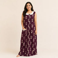 White Floral Printed Wine Pure Cotton Peter Pan Collar Sleeveless Long Zip Feeding Nighty | Free Size | Chest Width 44″| Length 56″