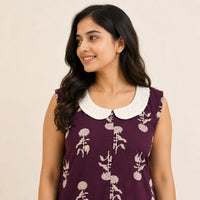 White Floral Printed Wine Pure Cotton Peter Pan Collar Sleeveless Long Zip Feeding Nighty | Free Size | Chest Width 44″| Length 56″
