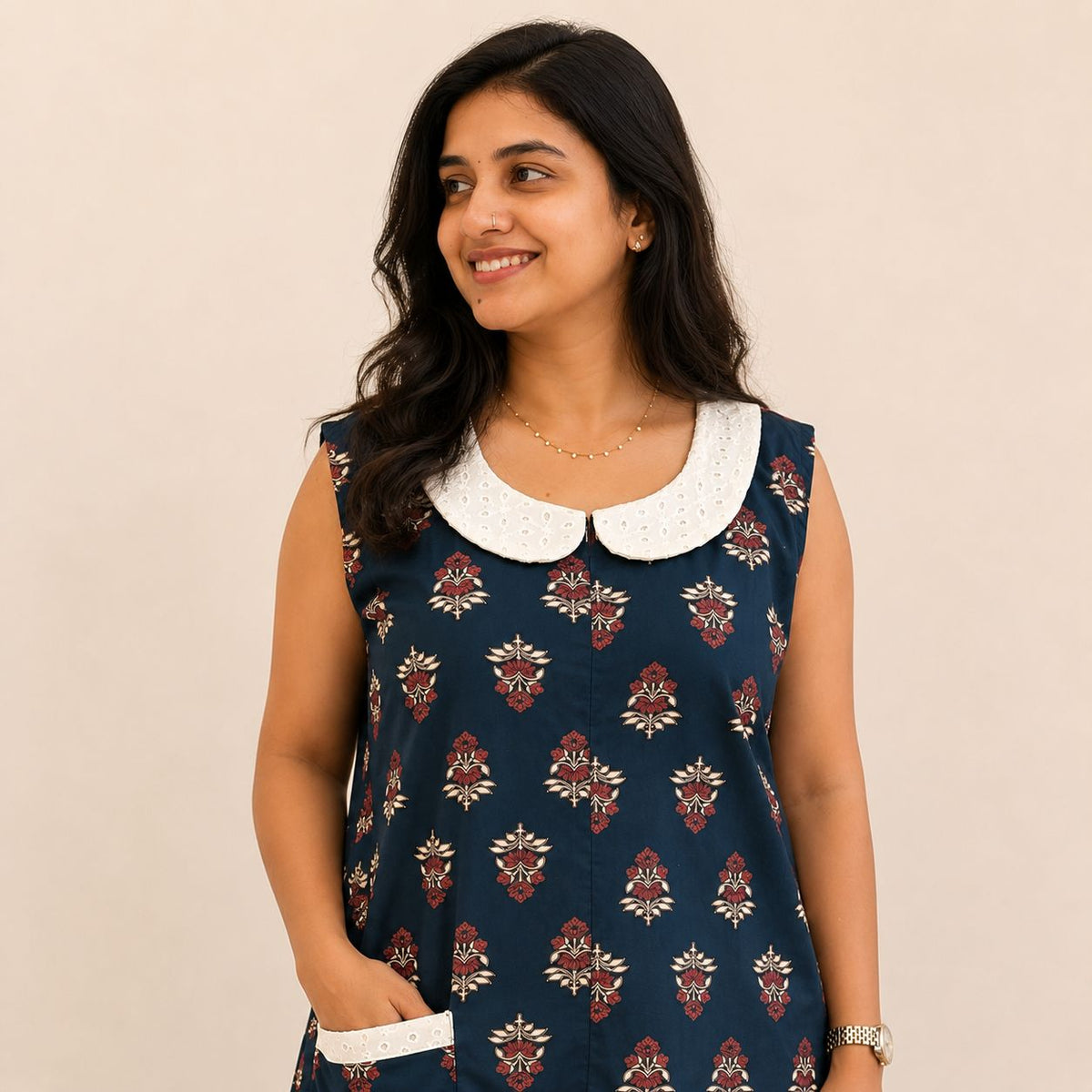 Teal Blue Floral Printed Pure Cotton Peter Pan Collar Sleeveless Long Zip Feeding Nighty | Free Size | Chest Width 44″| Length 56″