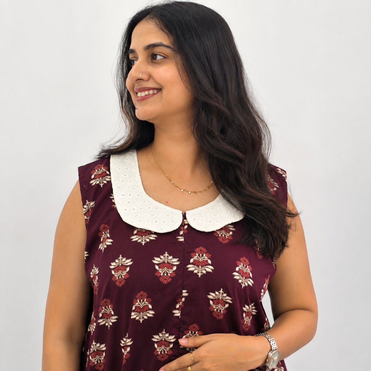 Wine Floral Printed Pure Cotton Peter Pan Collar Sleeveless Long Zip Feeding Nighty | Free Size | Chest Width 44″| Length 56″