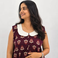 Wine Floral Printed Pure Cotton Peter Pan Collar Sleeveless Long Zip Feeding Nighty | Free Size | Chest Width 44″| Length 56″