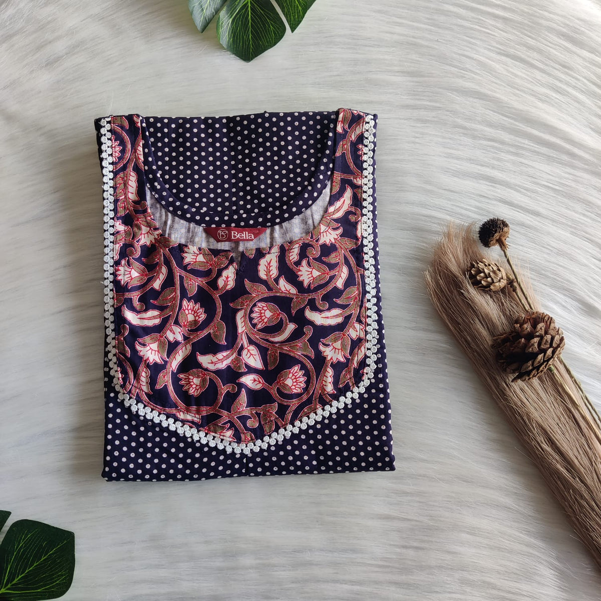 Green And Navy Blue Dot Printed Premium Cotton Mix N Match Lace Pocket Nighty | Free Size | Chest Width 44″| Length 56″