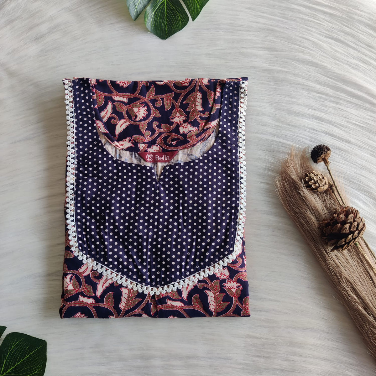 Navy Blue And Green Printed Premium Cotton Mix N Match Lace Pocket Nighty | Free Size | Chest Width 44″| Length 56″