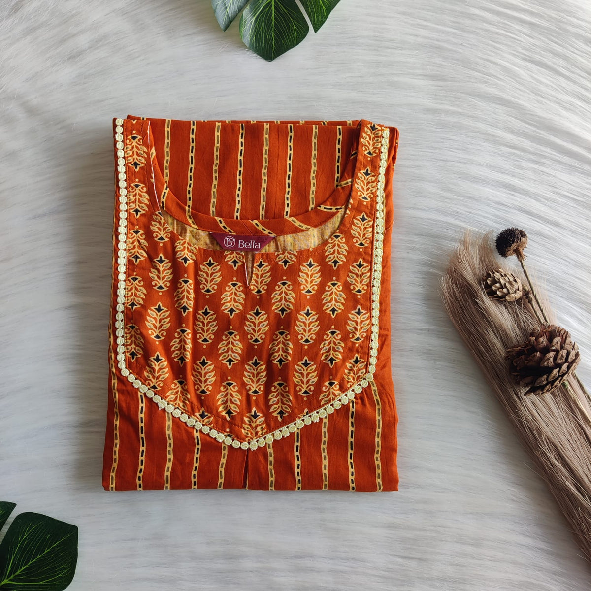 Yellow Orange Stripes Printed Premium Cotton Mix N Match Lace Pocket Nighty | Free Size | Chest Width 44″| Length 56″