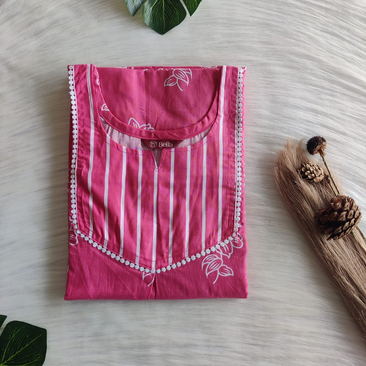 White And Pink Floral Printed Premium Cotton Mix N Match Lace Pocket Nighty | Free Size | Chest Width 44″| Length 56″