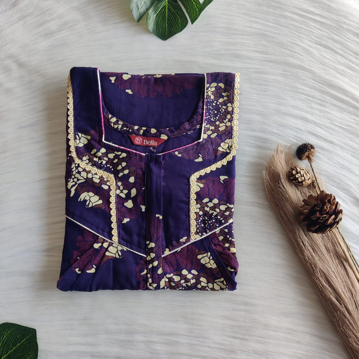 Violet Printed Discharge Cotton Long Zip Lace Feeding Nighty | Free Size | Chest Width 44″| Length 56″