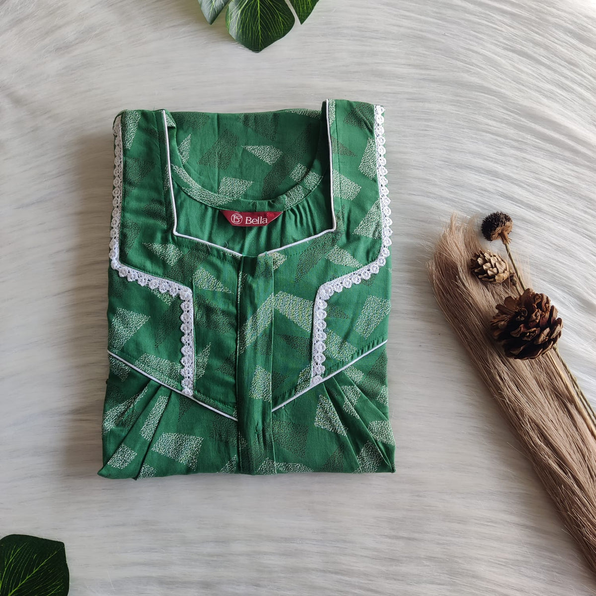 Green Printed Discharge Cotton Long Zip Lace Feeding Nighty | Free Size | Chest Width 44″| Length 56″