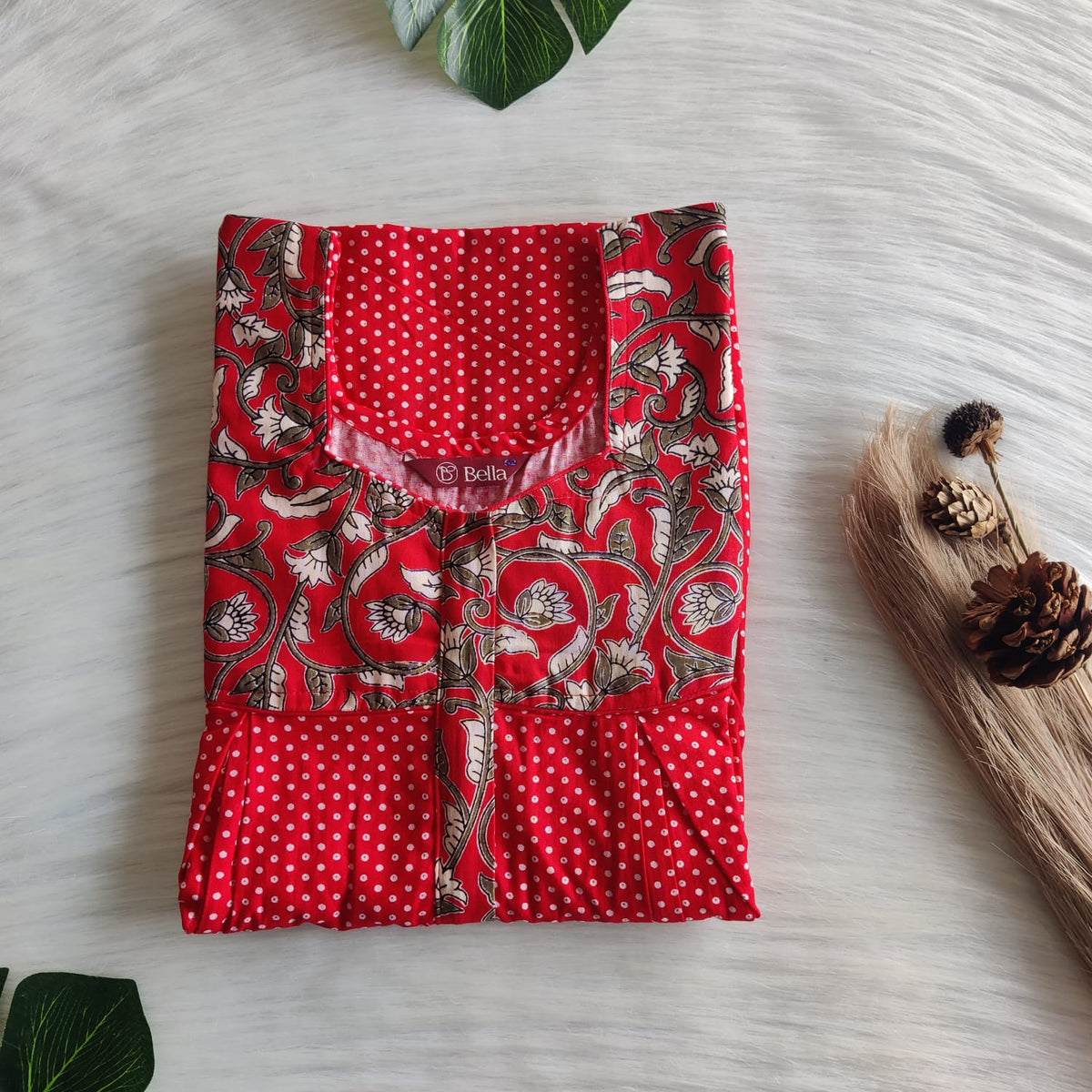 Green And Red Dot Printed Premium Cotton Pleated Vertical Zip Feeding Nighty | Free Size | Chest Width 44″| Length 54″-56″