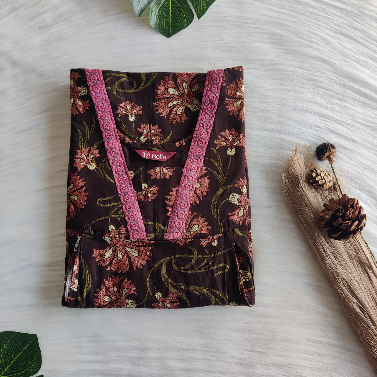 Orange Floral Printed Brown Discharge Cotton Two Side Vertical Lace Zip Feeding Nighty | Free Size | Chest Width 44″| Length 56″