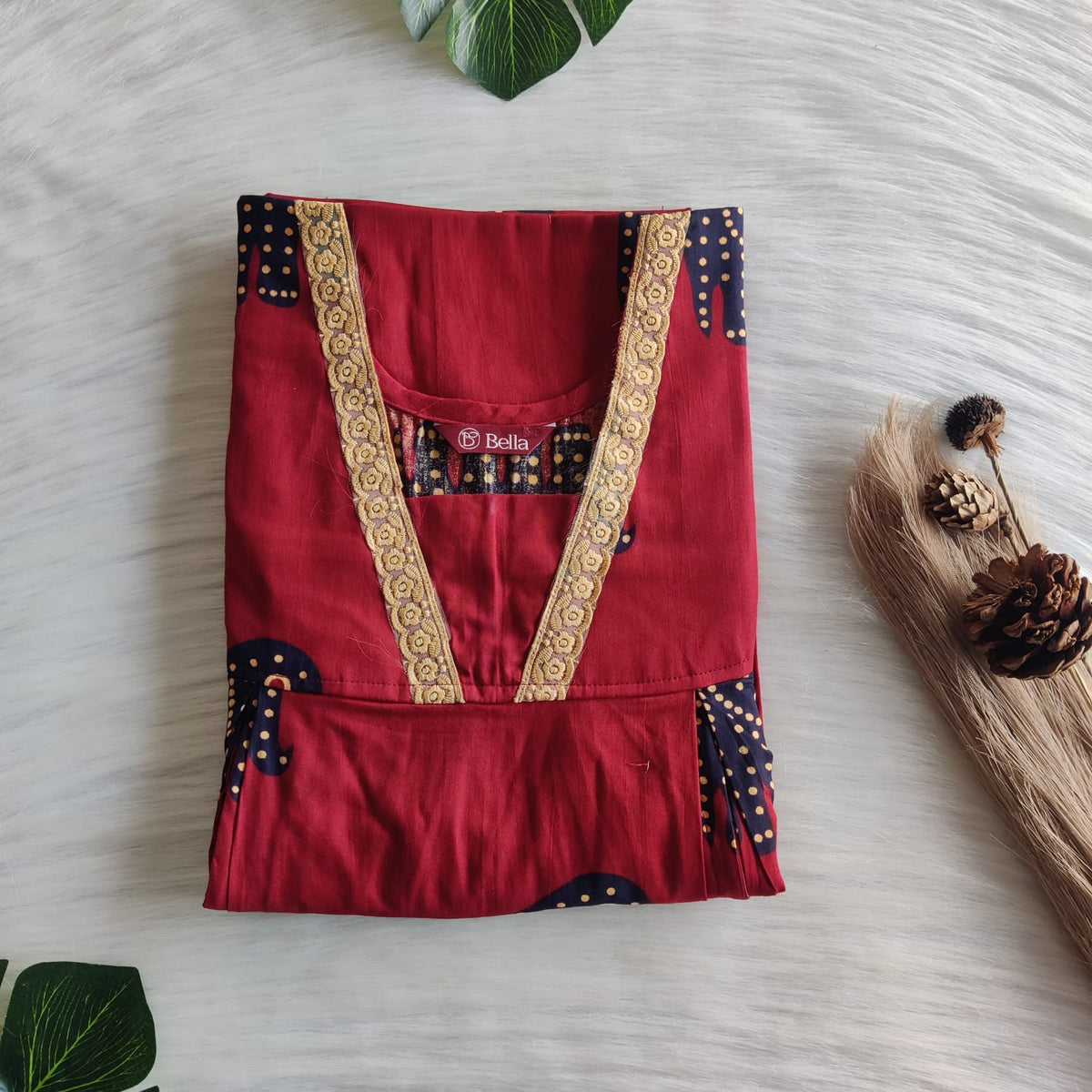 Elephant Printed Maroon Premium Cotton Two Side Vertical Lace Zip Feeding Nighty | Free Size | Chest Width 44″| Length 56″