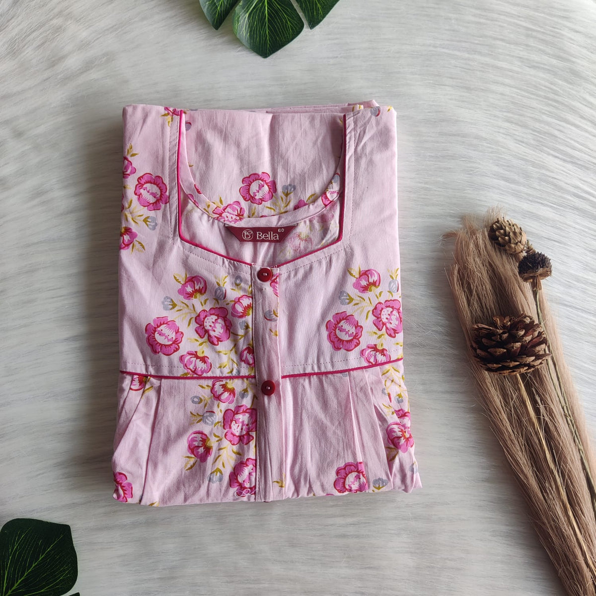 Pink Floral Printed Pure Cotton Button Zip 60 Inch Length Nighty | Free Size | Chest Width 44″|