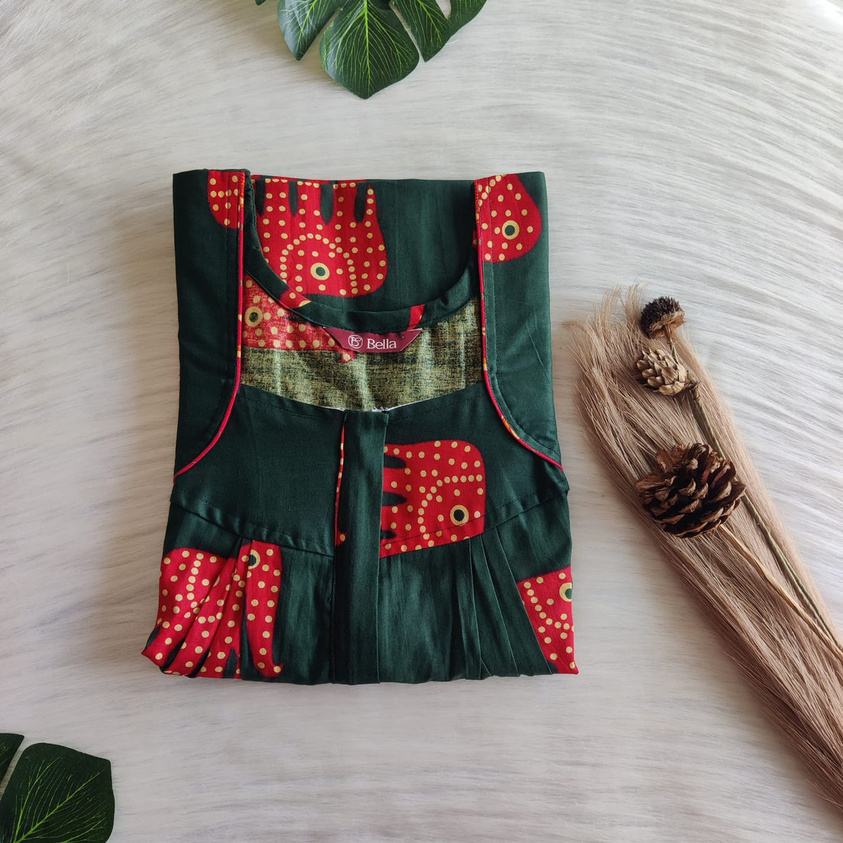 Elephant Printed Green Premium Cotton Pleated Zip Nighty | Free Size | Chest Width 44″| Length 54″-55″