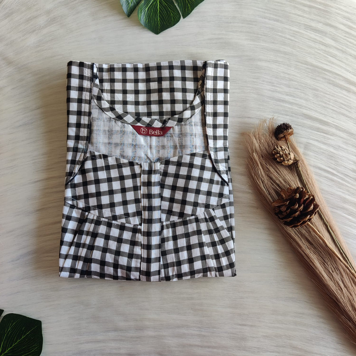 Black And White Check Printed Premium Cotton Pleated Zip Nighty | Free Size | Chest Width 44″| Length 54″-55″
