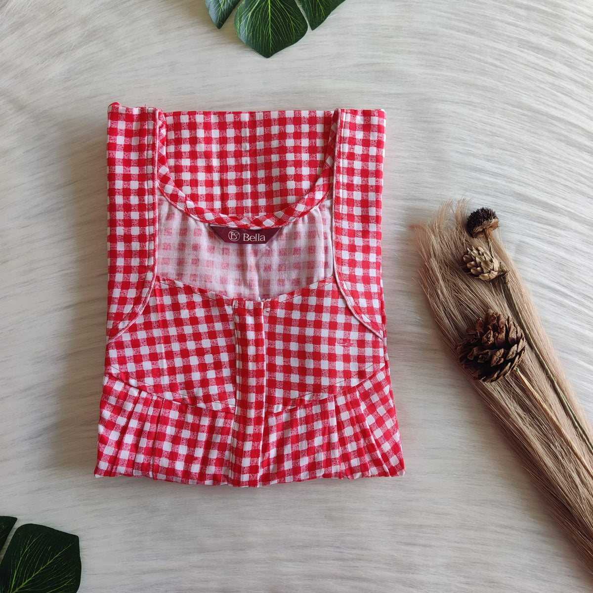 Red Check Printed Premium Cotton Pleated Zip Nighty | Free Size | Chest Width 44″| Length 54″-55″