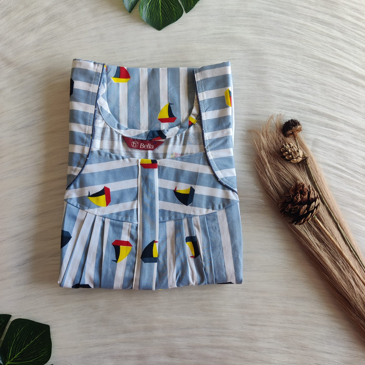 Grey Stripes Printed Premium Cotton Pleated Zip Nighty | Free Size | Chest Width 44″| Length 54″-55″