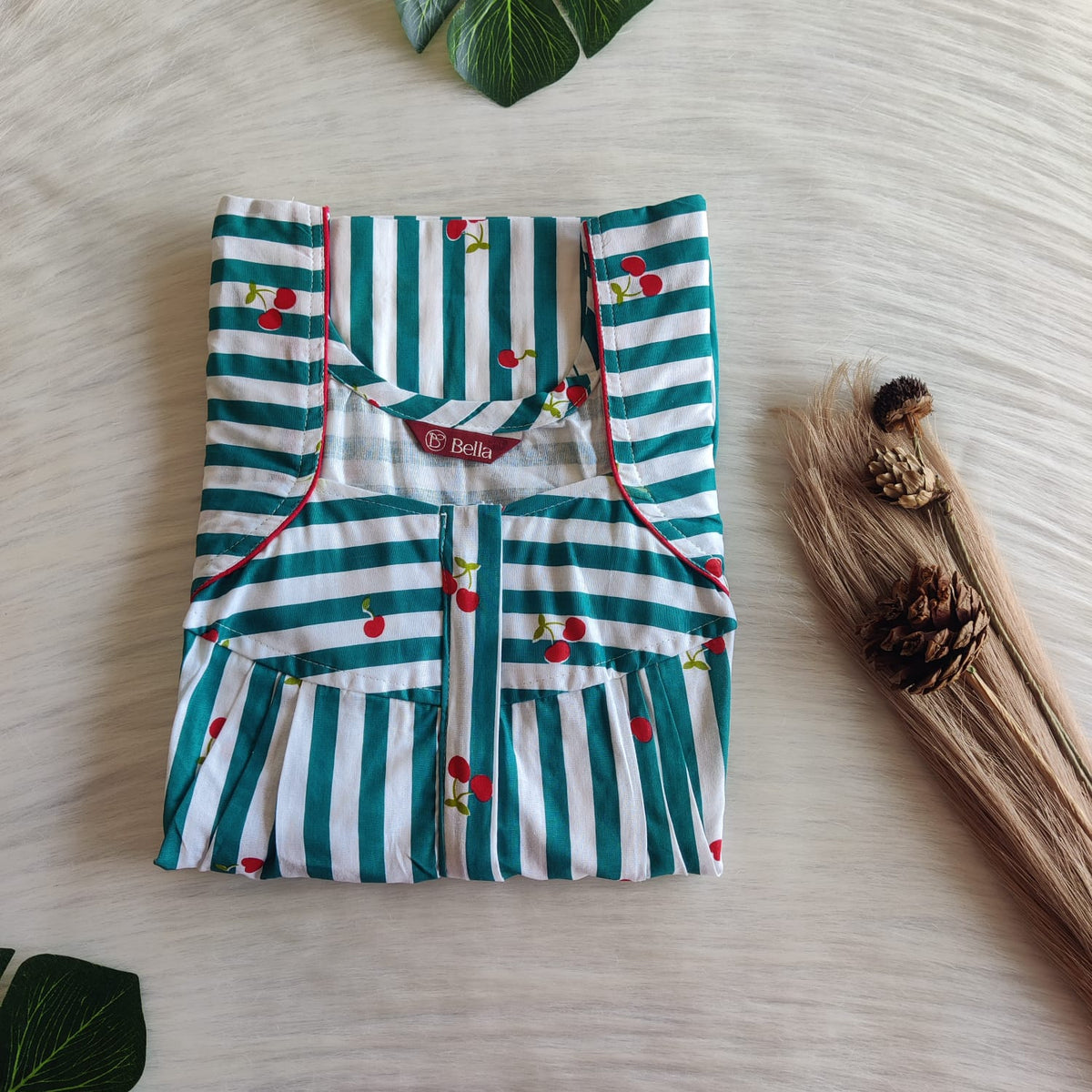 Cherry Printed Green Stripes Premium Cotton Pleated Zip Nighty | Free Size | Chest Width 44″| Length 54″-55″