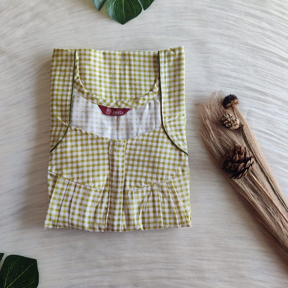Green Check Premium Cotton Pleated Zip Nighty | Free Size | Chest Width 44″| Length 54″-55″