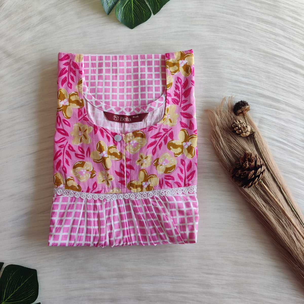 Yellow And Pink Check Printed Premium Cotton Plus Size Lace Nighty | Chest Width 50″| Length 56″