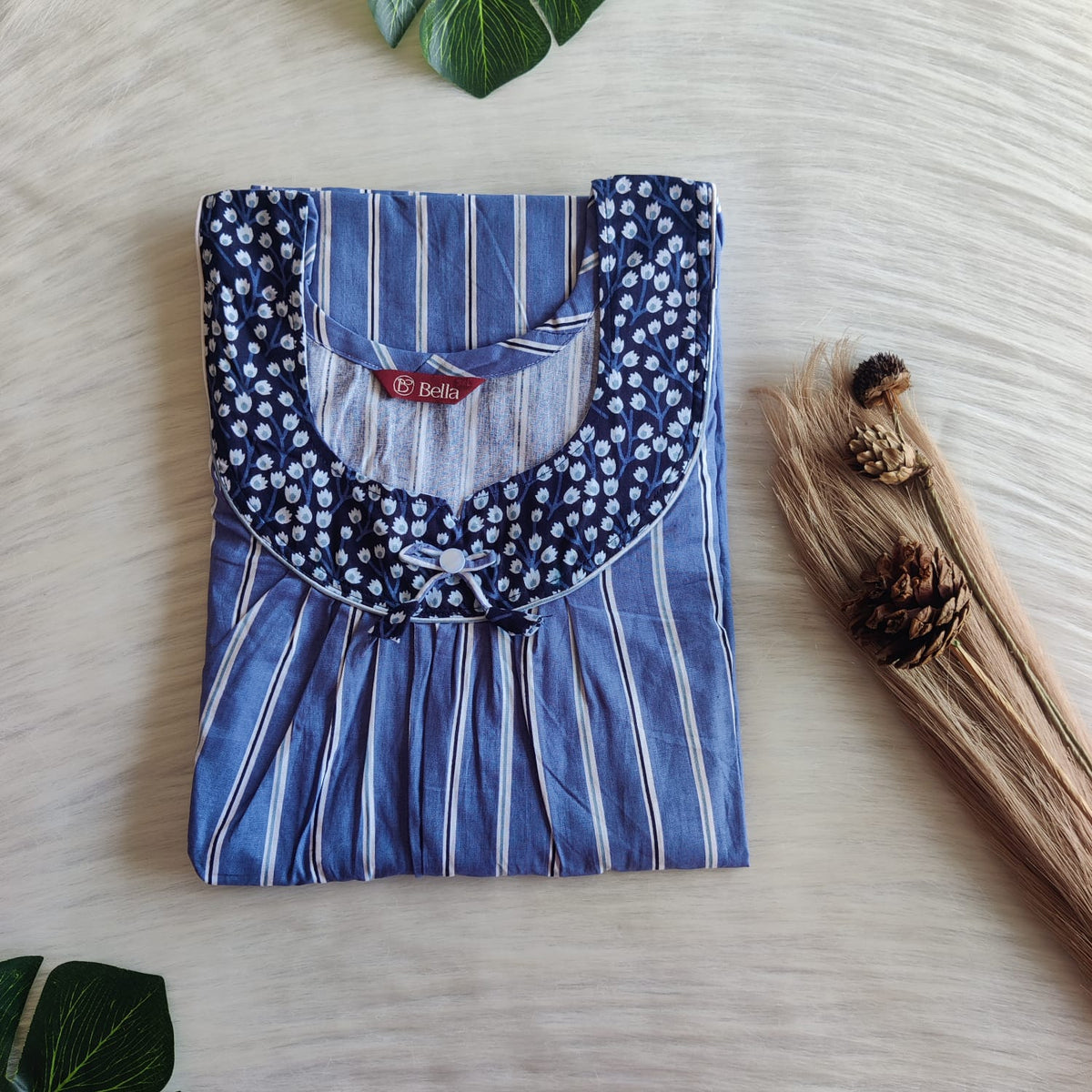 Dark And Pale Blue Stripes Printed Premium Cotton No Zip Pleated Nighty | Free Size | Chest Width 44″| Length 55″-56″