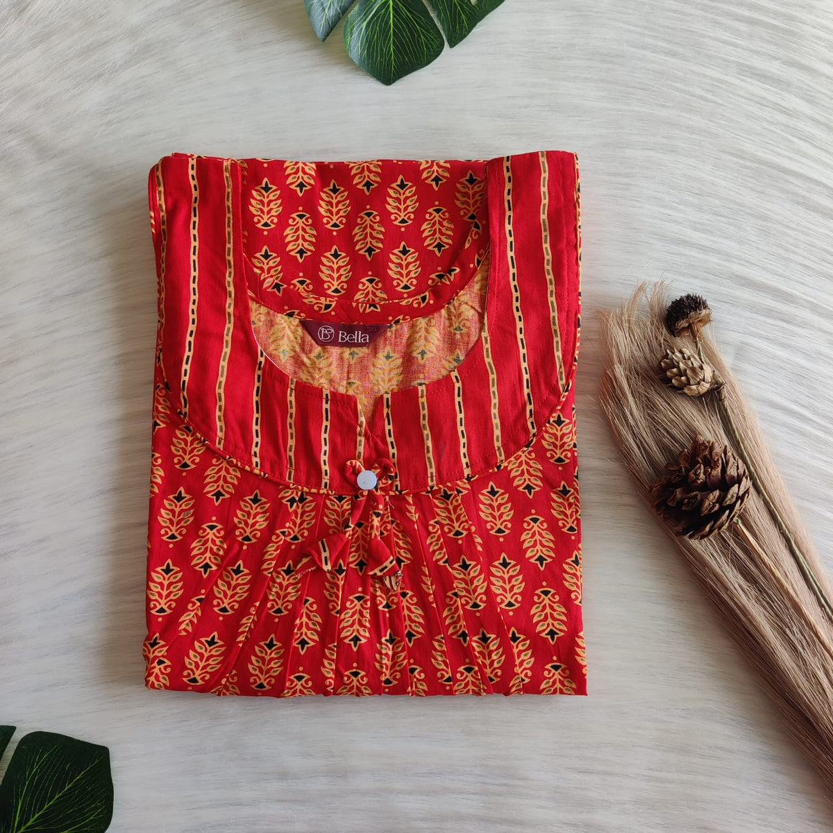Red And Yellow Floral Printed Premium Cotton No Zip Pleated Nighty | Free Size | Chest Width 44″| Length 55″-56″