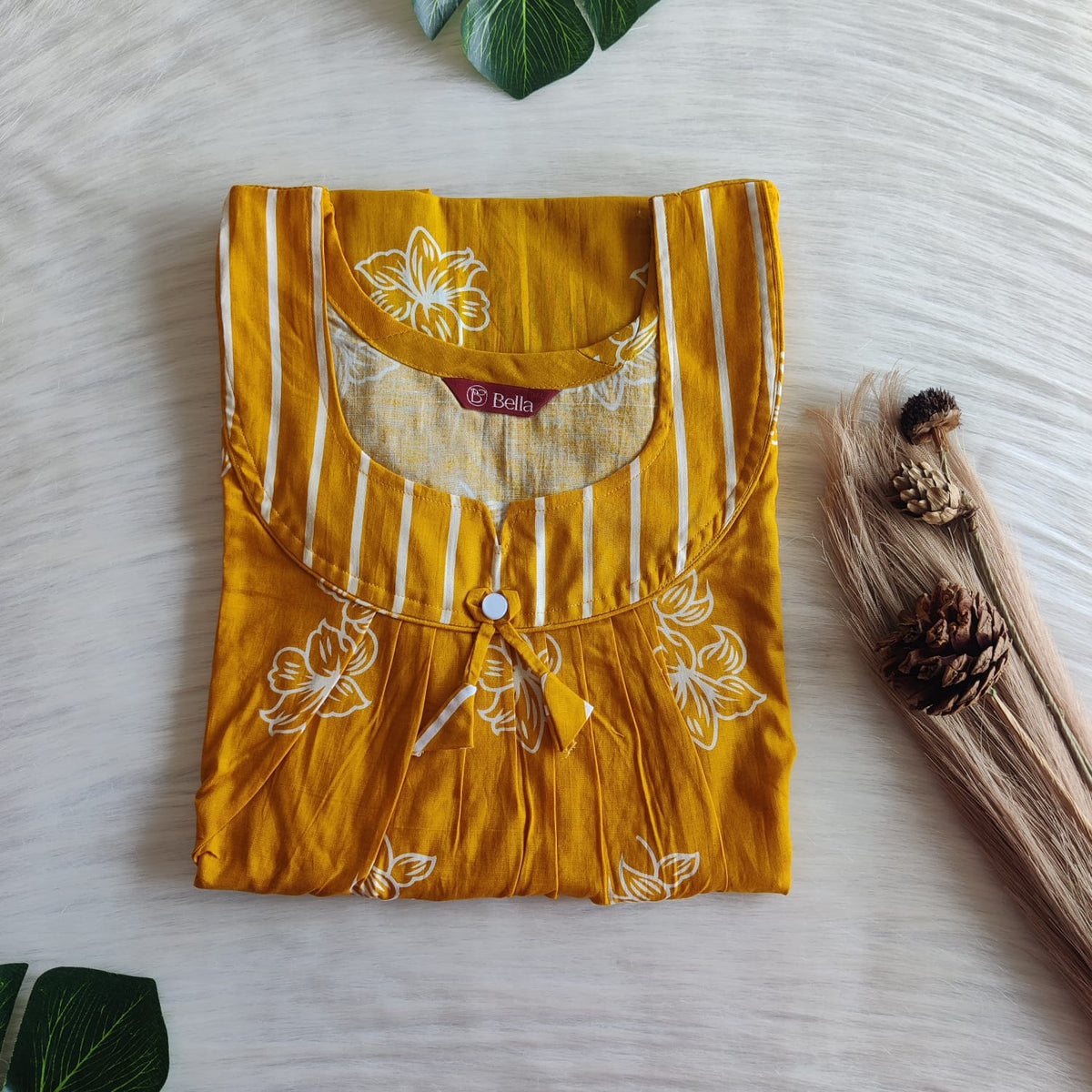 White And Mustard Yellow Floral Printed Premium Cotton No Zip Pleated Nighty | Free Size | Chest Width 44″| Length 55″-56″