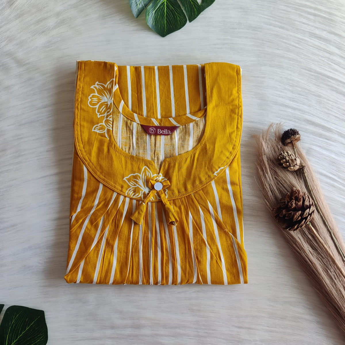 Mustard Yellow And White Stripes Printed Premium Cotton No Zip Pleated Nighty | Free Size | Chest Width 44″| Length 55″-56″