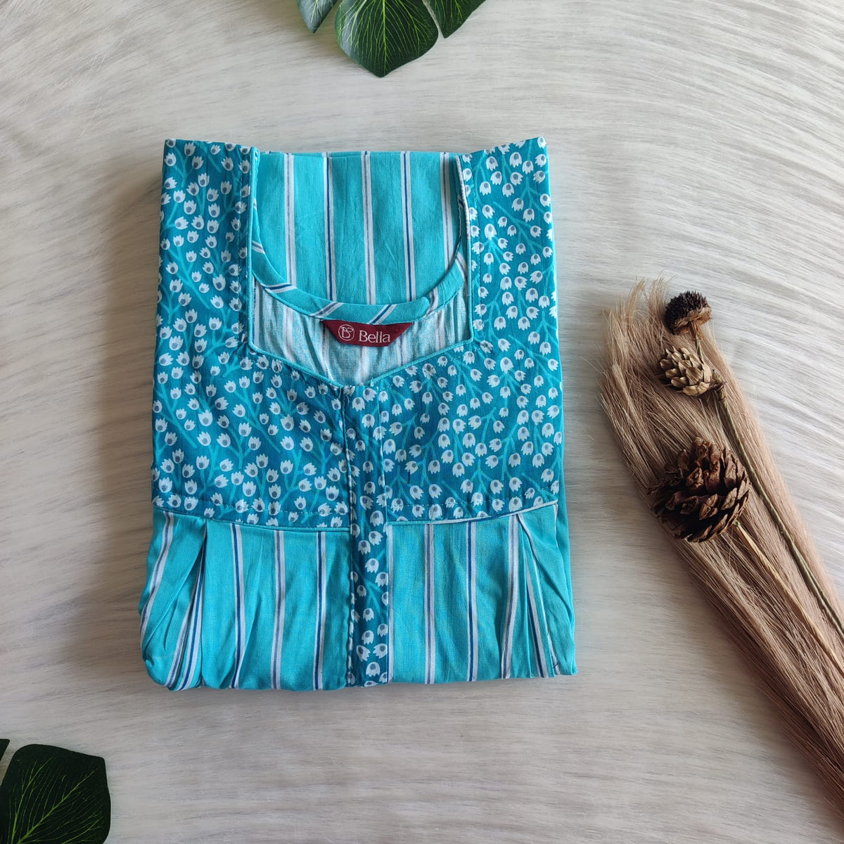 Dark And Pale Blue Stripes Printed Premium Cotton Pleated Vertical Zip Feeding Nighty | Free Size | Chest Width 44″| Length 54″-56″