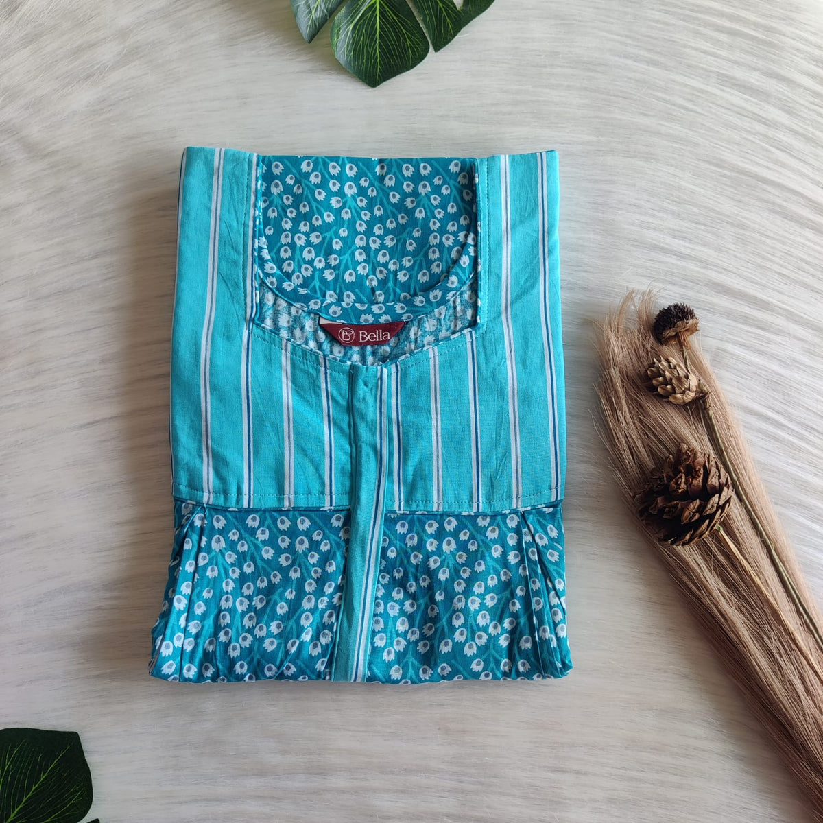 Pale And Dark Blue Floral Printed Premium Cotton Pleated Vertical Zip Feeding Nighty | Free Size | Chest Width 44″| Length 54″-56″