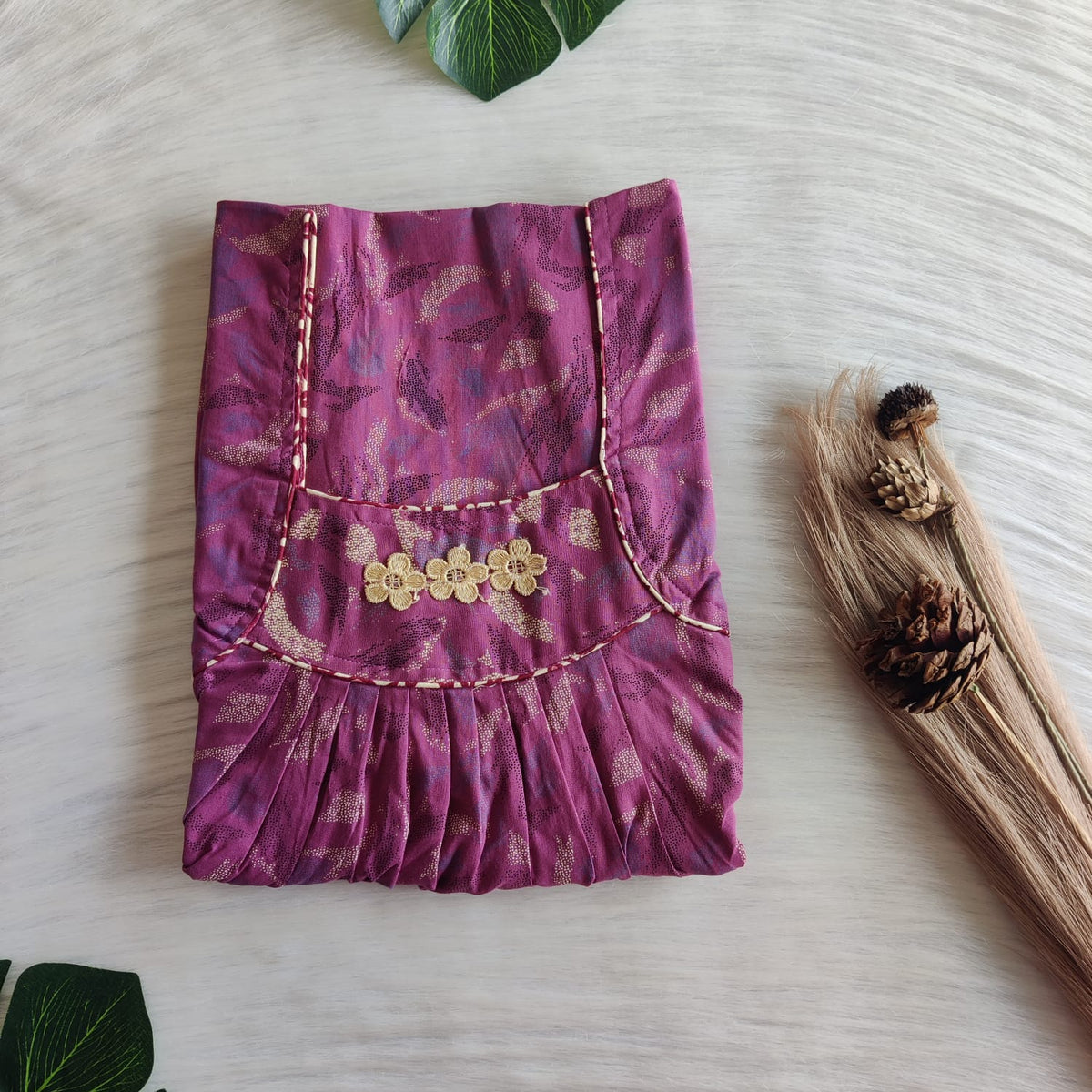 Mauve Printed Discharge Cotton Three Flower Nighty |Free Size | Chest Width 44"| Length 54"-55"