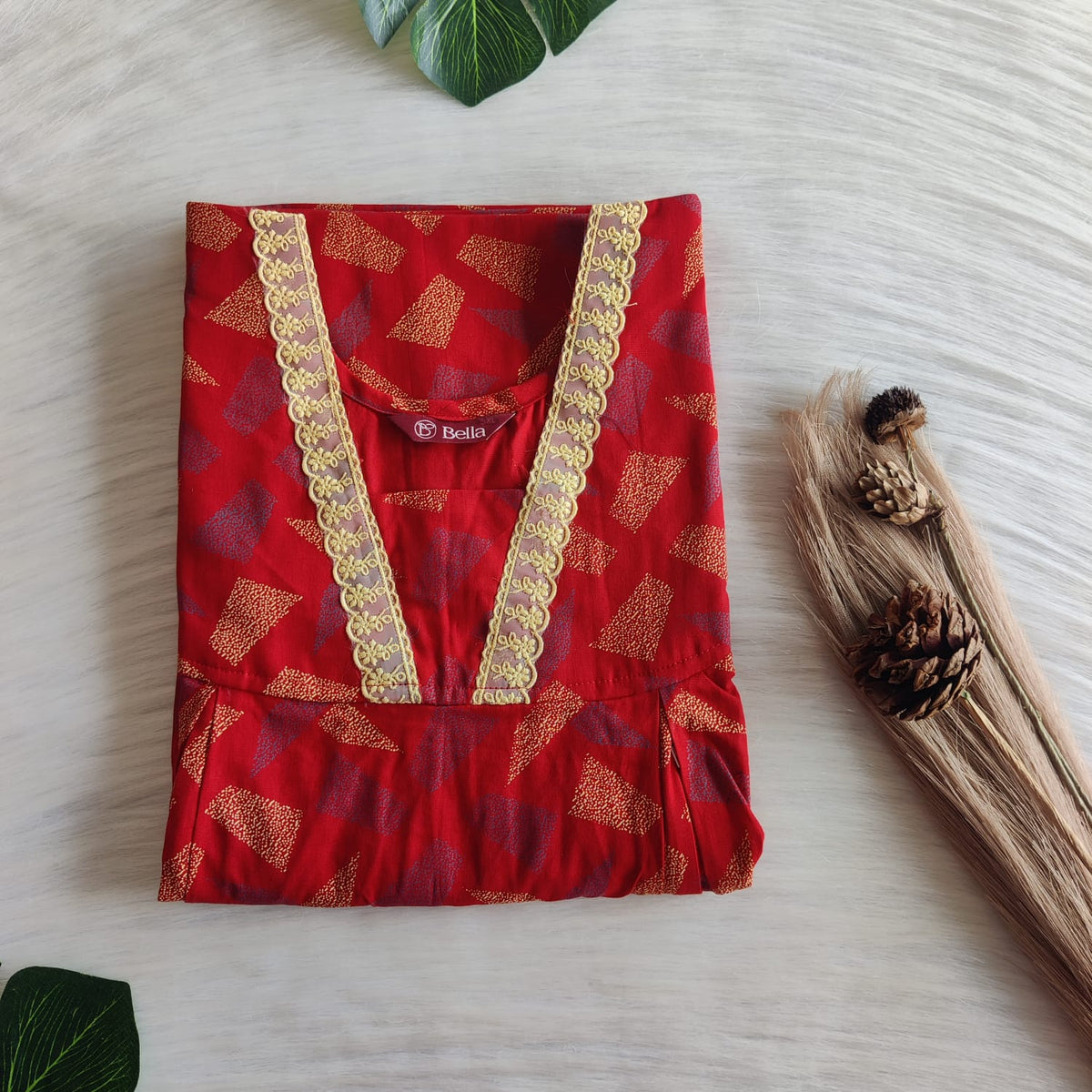 Cream Printed Red Discharge Cotton Two Side Vertical Lace Zip Feeding Nighty | Free Size | Chest Width 44″| Length 56″