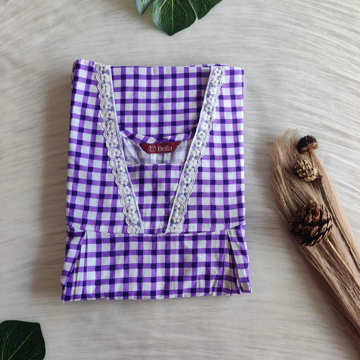 Purple Check Printed Premium Cotton Two Side Vertical Lace Zip Feeding Nighty | Free Size | Chest Width 44″| Length 56″