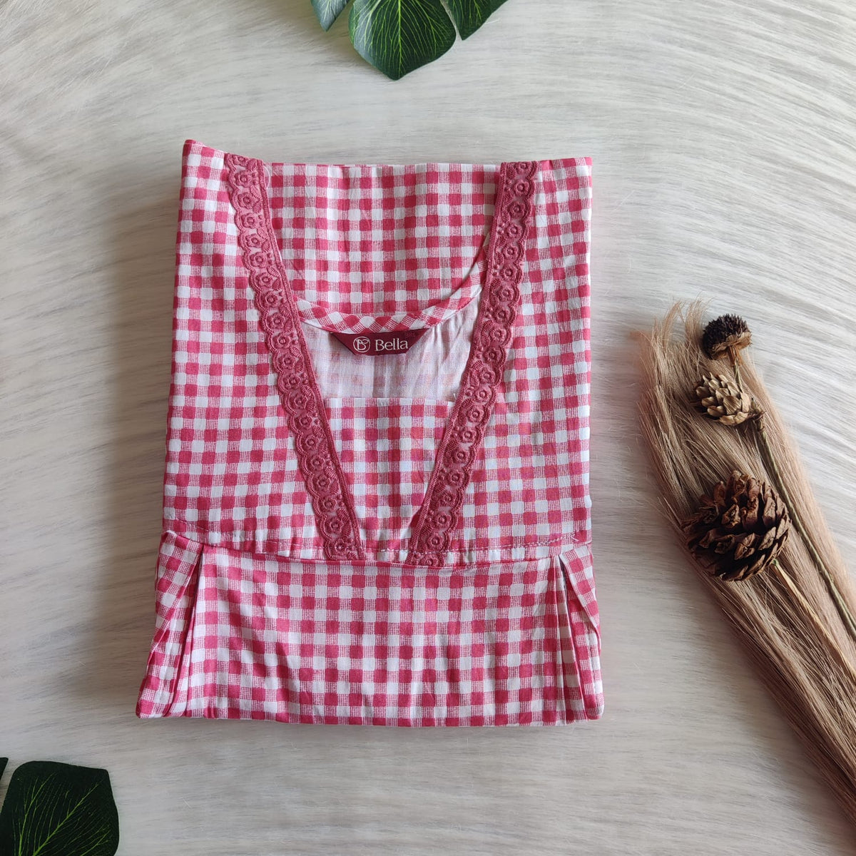 Peach Check Printed Premium Cotton Two Side Vertical Lace Zip Feeding Nighty | Free Size | Chest Width 44″| Length 56″