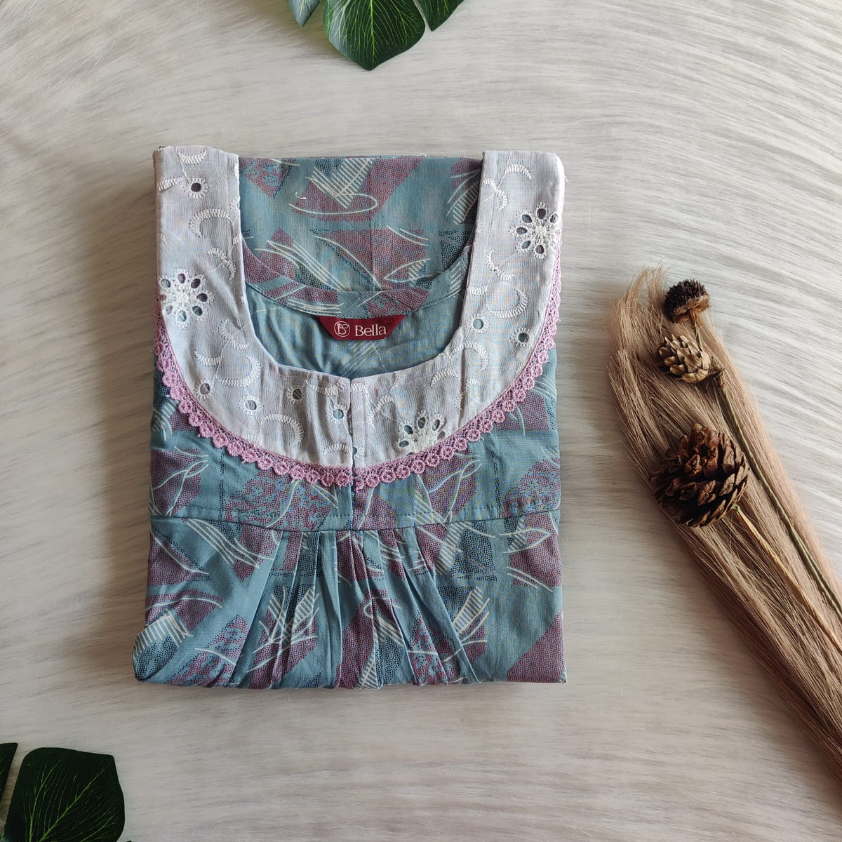 Ash Blue Printed Discharge Cotton Hakoba Lace Nighty | Free Size | Chest Width 44″| Length 54″-56″