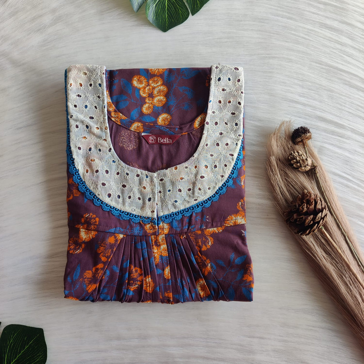Orange Floral Printed Wine Discharge Cotton Hakoba Lace Nighty | Free Size | Chest Width 44″| Length 54″-56″