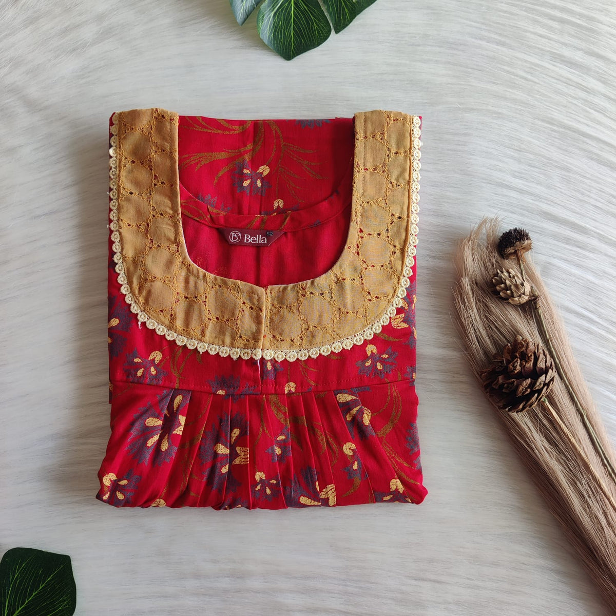 Red Floral Printed Discharge Cotton Hakoba Lace Nighty | Free Size | Chest Width 44″| Length 54″-56″