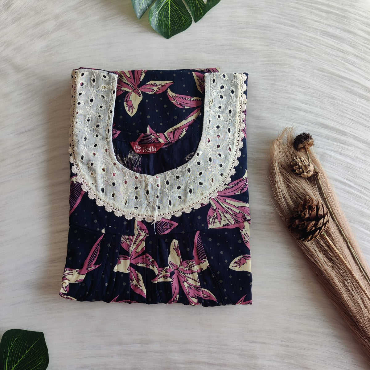 Pink Floral Printed Navy Blue Discharge Cotton Hakoba Lace Nighty | Free Size | Chest Width 44″| Length 54″-56″