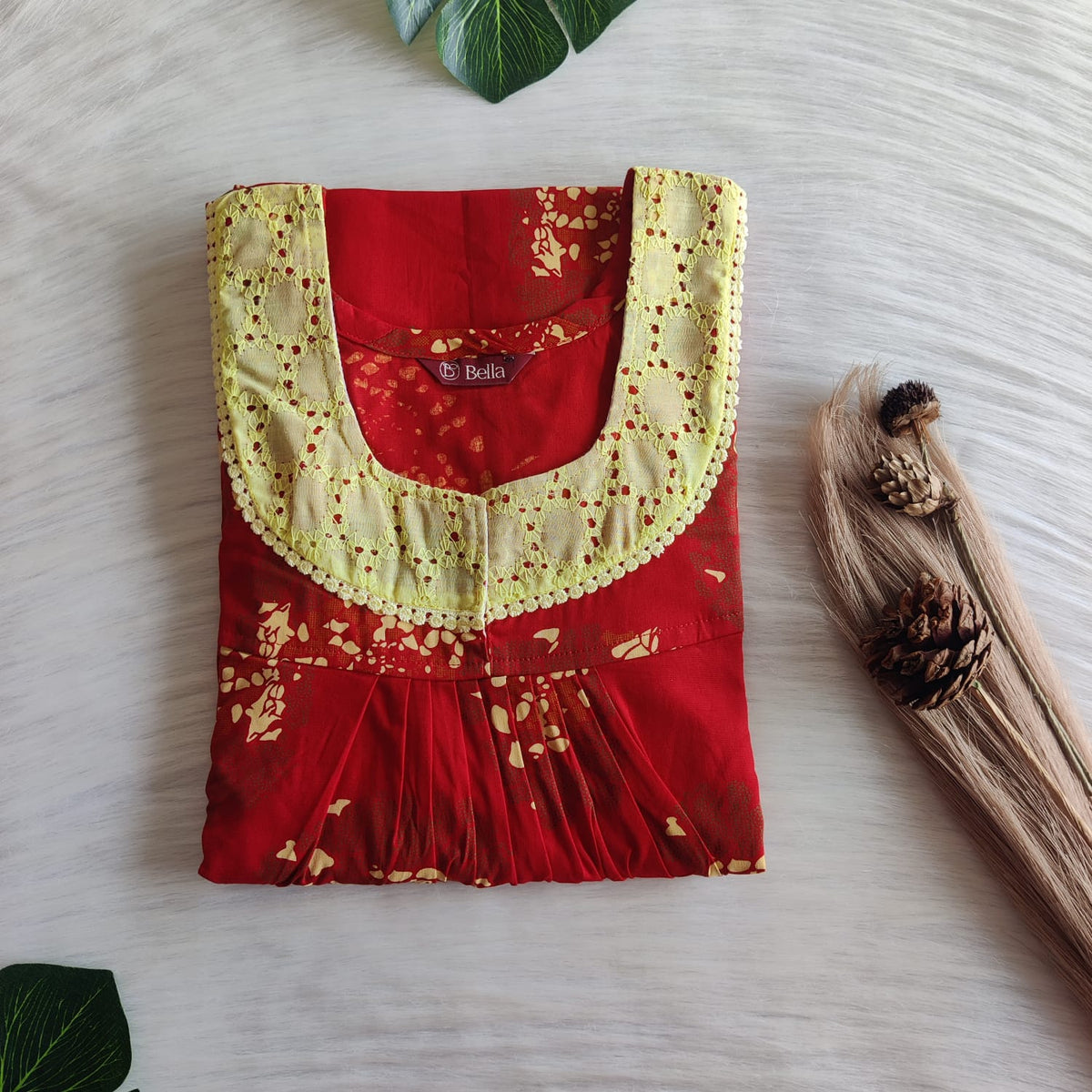 Cream Printed Red Discharge Cotton Hakoba Lace Nighty | Free Size | Chest Width 44″| Length 54″-56″