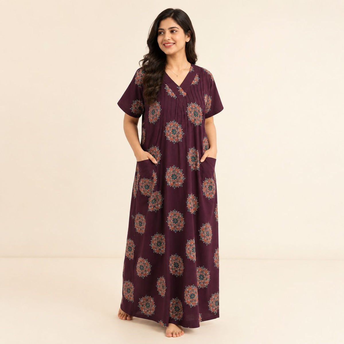 Wine Floral Printed V-Neck Alfine Churidar Cut Nighty | Free Size | Chest Width 44″| Length 56″