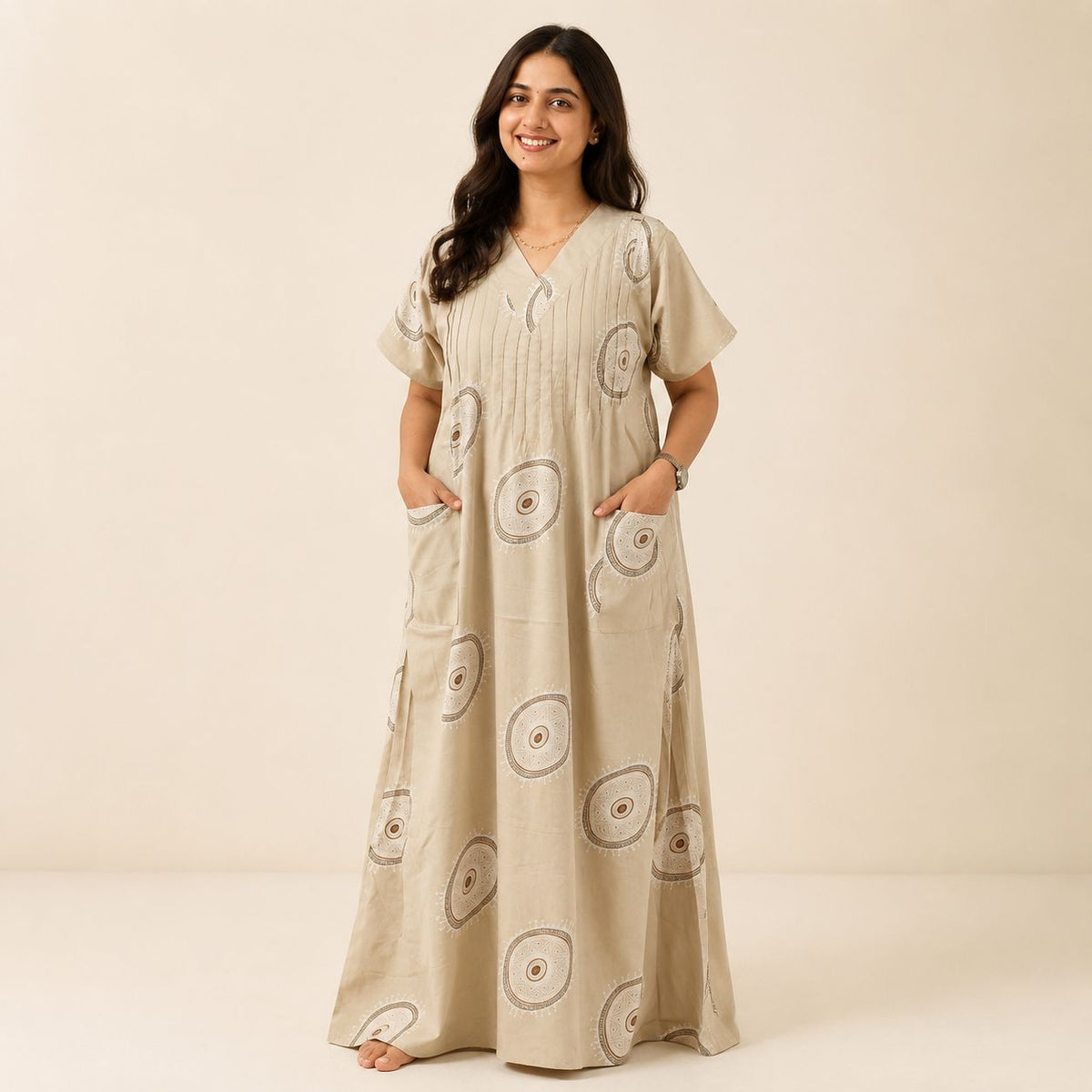 Pale Ivory Printed V-Neck Alfine Churidar Cut Nighty | Free Size | Chest Width 44″| Length 56″