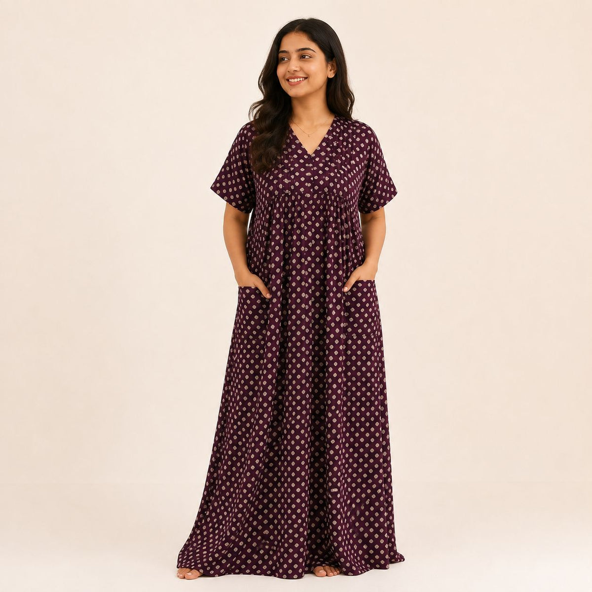 Wine Bandhani Printed V-Neck Alfine Churidar Cut Nighty | Free Size | Chest Width 44″| Length 56″